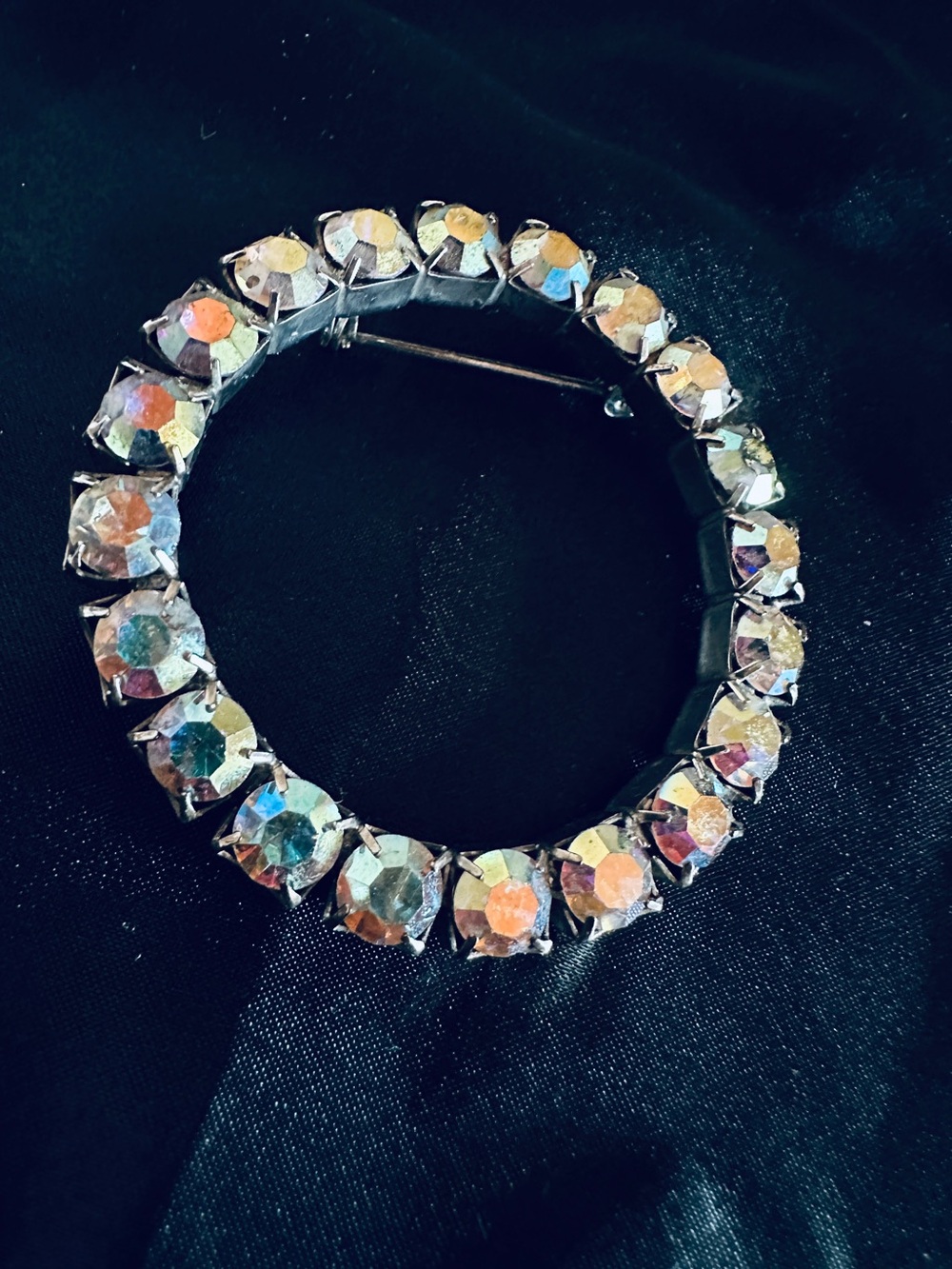 Vintage Brooch- Round Silver with Rhinestones-
